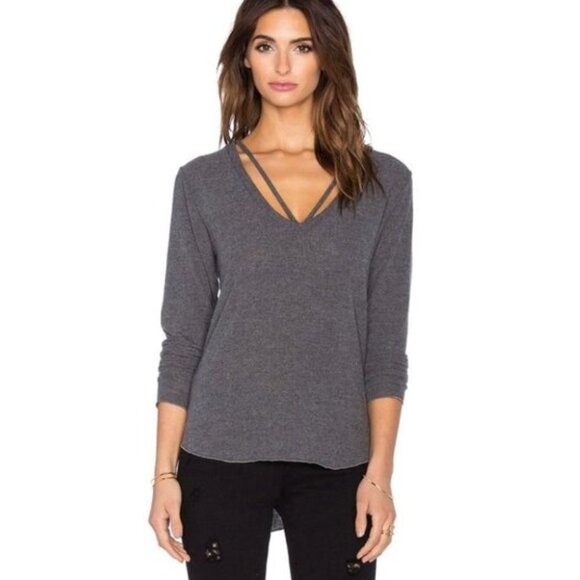 Revolve LNA Strappy Sweater V-neck Long Sleeve Fuzzy Soft Charcoal Grey Size XS - Picture 1 of 13